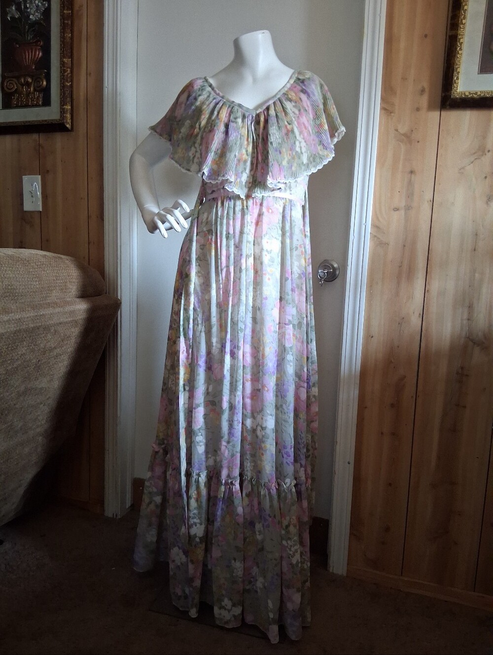 Candi Jones Vintage 70s Cottagecore Prairie Pastel Floral Maxi Dress Sz 5
